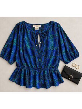 Liz Claiborne Woman 2X Blue Green Snakeskin Blouse Tie Neck Peplum 3/4 Sleeve